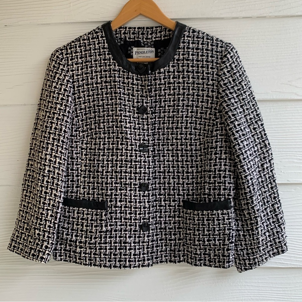 Pendleton Silk Tweed Boucle blazer Lady Jacket lined pockets 12 Leather Trim